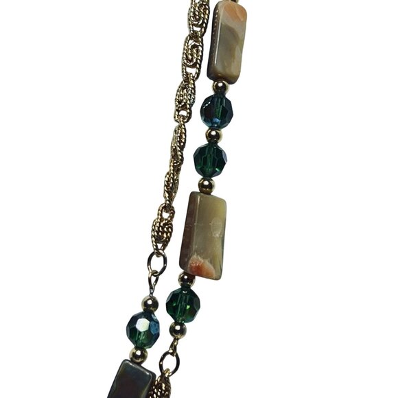 Heavy Gold Tone Snail Chain Necklace W/Abalone And AB Rhinestone Beads (5885) - Picture 4 of 8